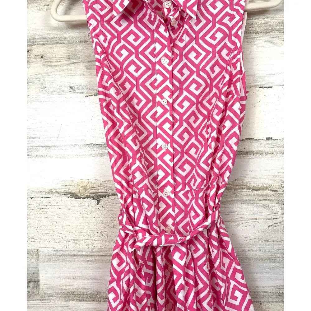 Boden Womens 8 Pink White Amy Sleeveless Belted Abstract Midi Shirt Dress - Picture 5 of 9